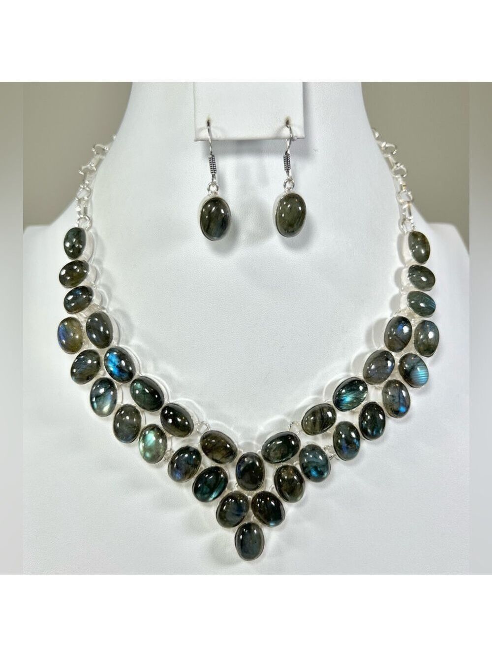 Labradorite 925 Large Gemstone Necklace & Earrings